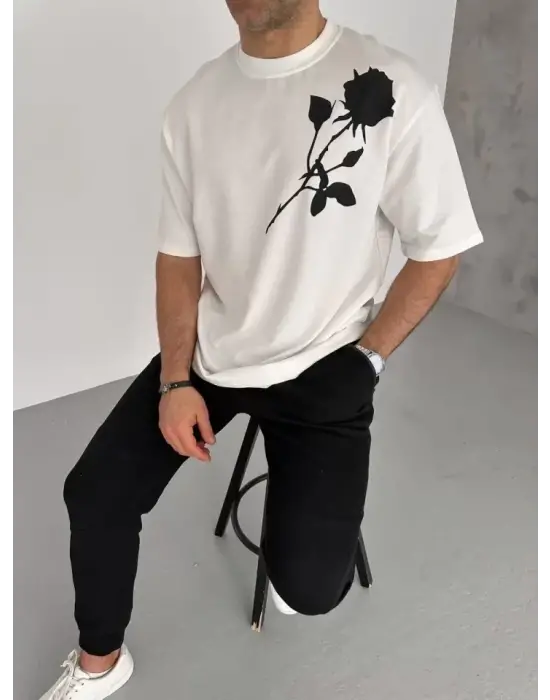 Unisex Bisiklet Yaka Baskılı Oversize T-Shirt - Beyaz