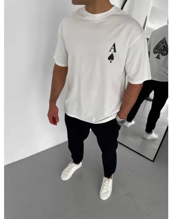 Unisex Bisiklet Yaka Baskılı Oversize T-Shirt - Beyaz