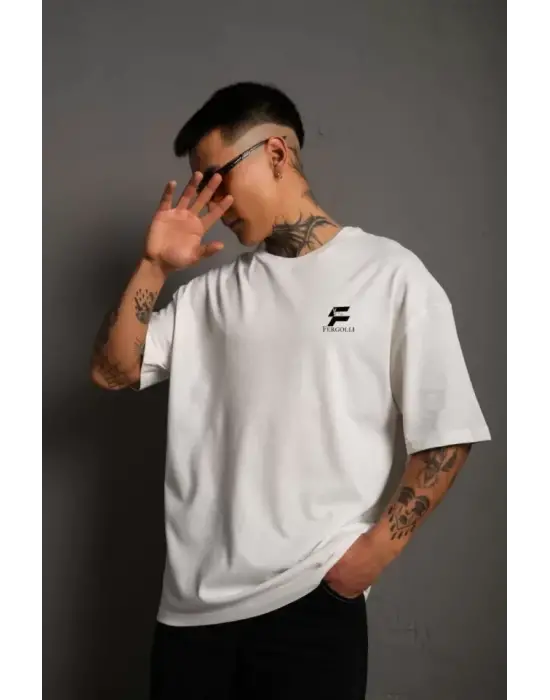 Unisex Bisiklet Yaka Baskılı Oversize T-Shirt - Beyaz