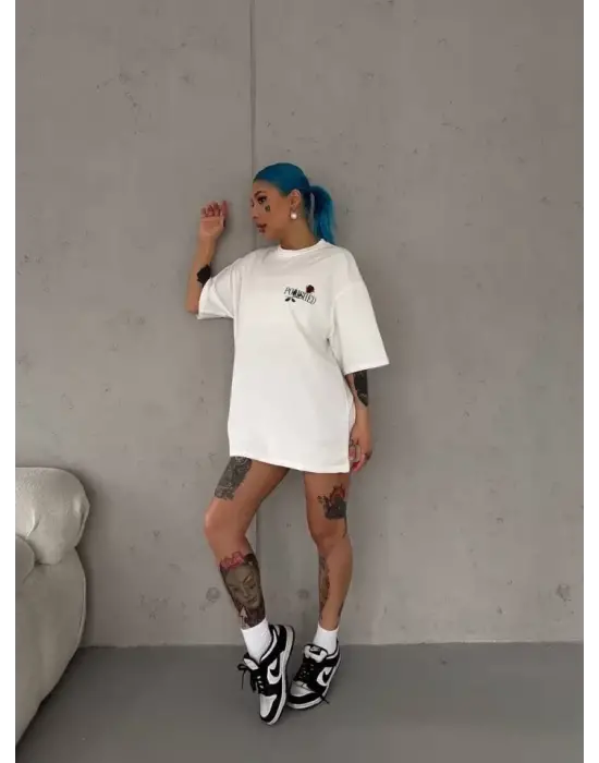 Unisex Bisiklet Yaka Baskılı Oversize T-Shirt - Beyaz