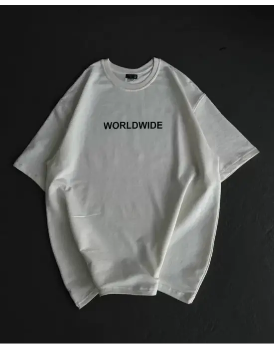Unisex Bisiklet Yaka Baskılı Oversize T-Shirt - Beyaz