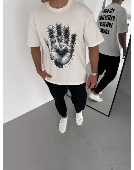 Unisex Bisiklet Yaka Baskılı Oversize T-Shirt - Beyaz