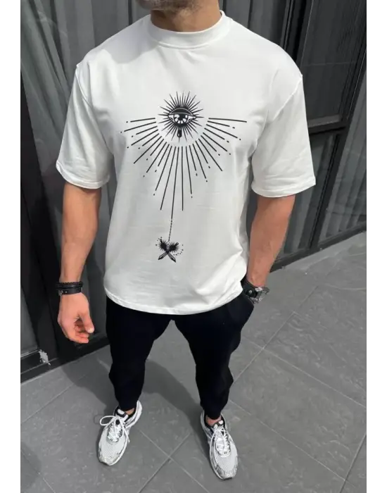 Unisex Bisiklet Yaka Baskılı Oversize T-Shirt - Beyaz