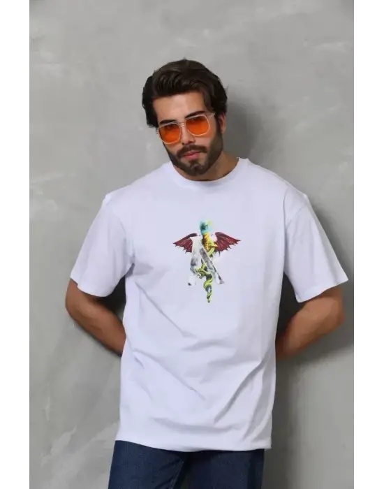 Unisex Bisiklet Yaka Baskılı Oversize T-Shirt - Beyaz