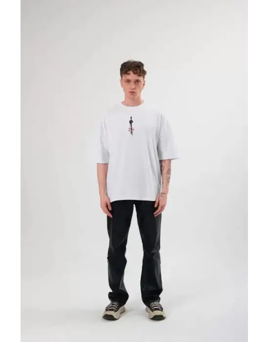 Unisex Bisiklet Yaka Baskılı Oversize T-Shirt - Beyaz