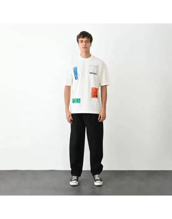 Unisex Bisiklet Yaka Baskılı Oversize T-Shirt - Beyaz