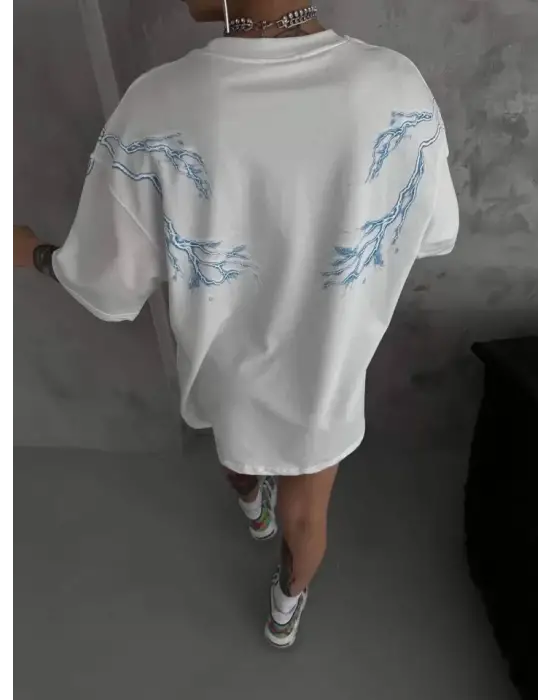 Unisex Bisiklet Yaka Baskılı Oversize T-Shirt - Beyaz