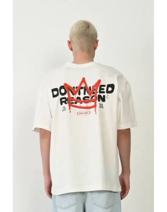 Unisex Bisiklet Yaka Baskılı Oversize T-Shirt - Beyaz