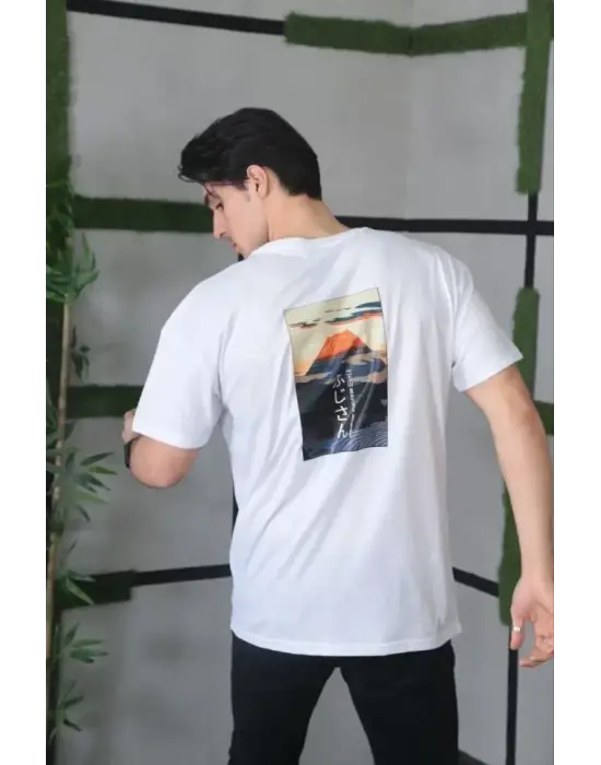 Unisex Bisiklet Yaka Baskılı Oversize T-Shirt - Beyaz