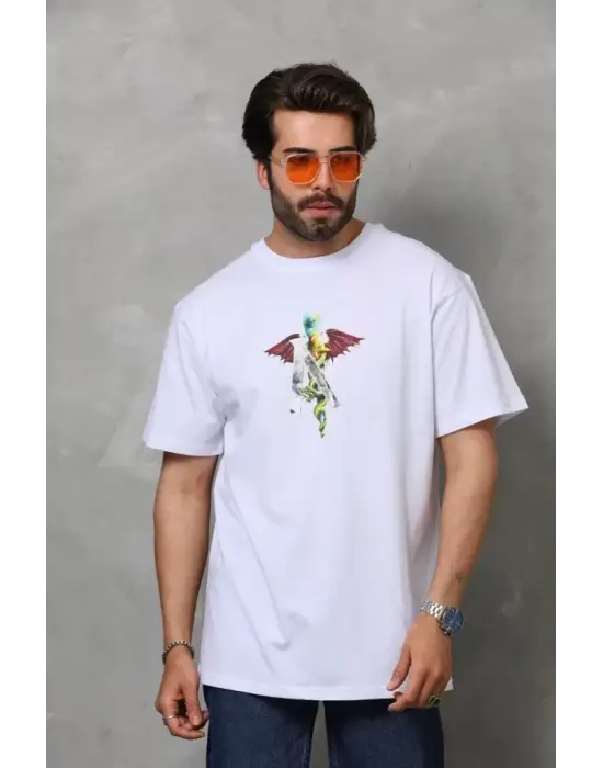 Unisex Bisiklet Yaka Baskılı Oversize T-Shirt - Beyaz