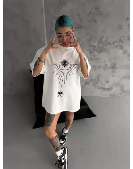 Unisex Bisiklet Yaka Baskılı Oversize T-Shirt - Beyaz