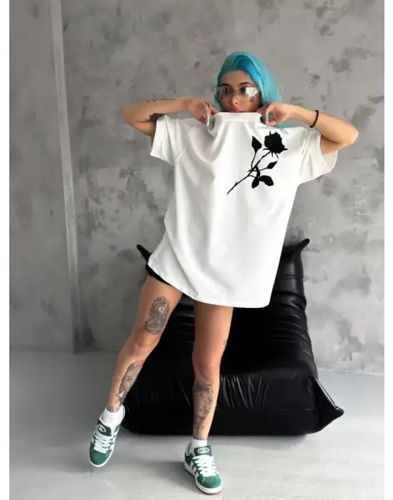 Unisex Bisiklet Yaka Baskılı Oversize T-Shirt - Beyaz