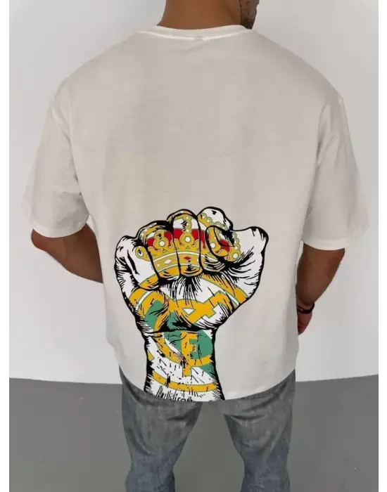 Unisex Bisiklet Yaka Baskılı Oversize T-Shirt - Beyaz
