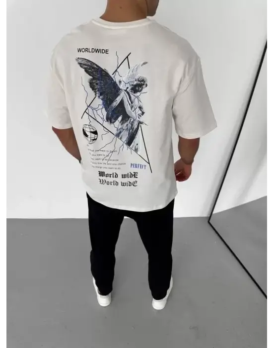 Unisex Bisiklet Yaka Baskılı Oversize T-Shirt - Beyaz