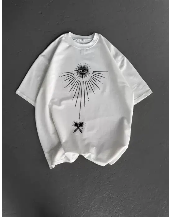 Unisex Bisiklet Yaka Baskılı Oversize T-Shirt - Beyaz