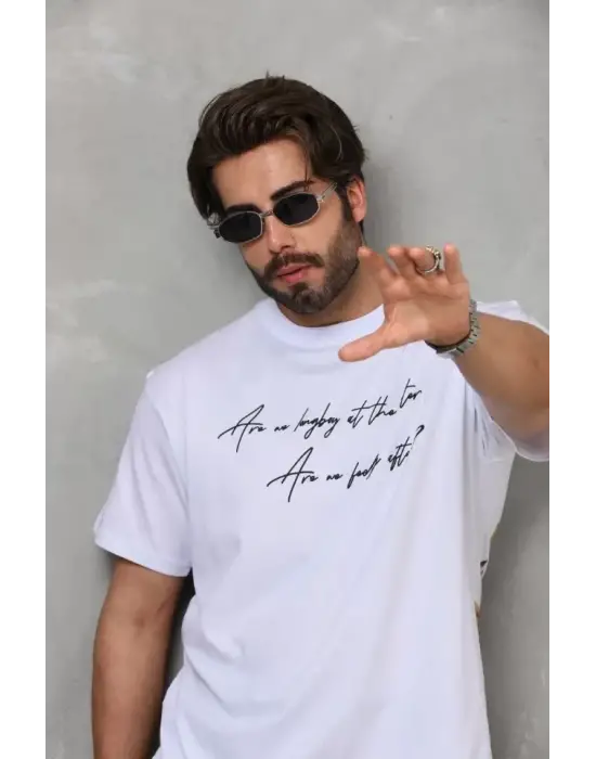 Unisex Bisiklet Yaka Baskılı Oversize T-Shirt - Beyaz