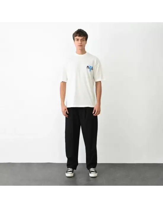 Unisex Bisiklet Yaka Baskılı Oversize T-Shirt - Beyaz