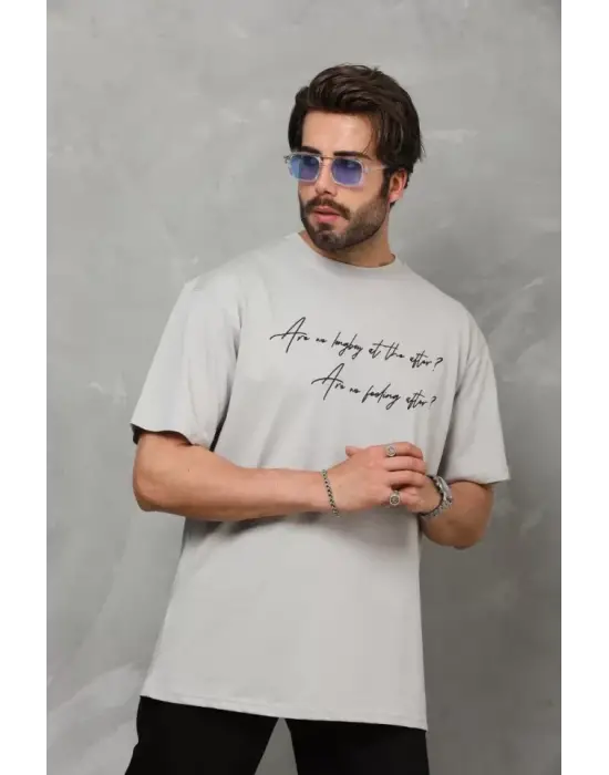 Unisex Bisiklet Yaka Baskılı Oversize T-Shirt - Gri