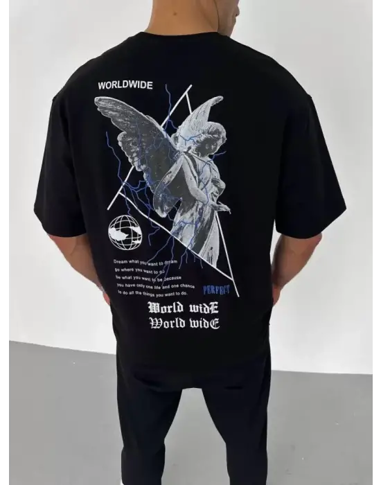 Unisex Bisiklet Yaka Baskılı Oversize T-Shirt - Siyah