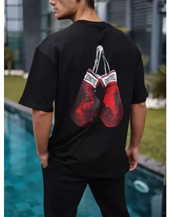 Unisex Bisiklet Yaka Baskılı Oversize T-Shirt - Siyah