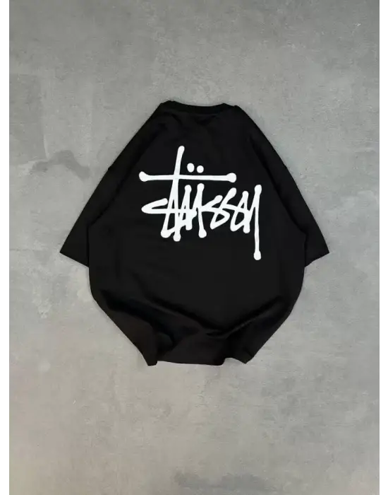 Unisex Bisiklet Yaka Baskılı Oversize T-Shirt - Siyah