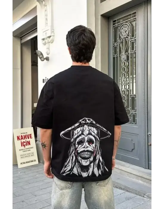 Unisex Bisiklet Yaka Baskılı Oversize T-Shirt - Siyah