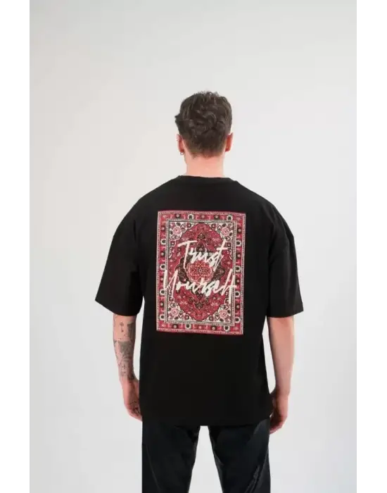 Unisex Bisiklet Yaka Baskılı Oversize T-Shirt - Siyah