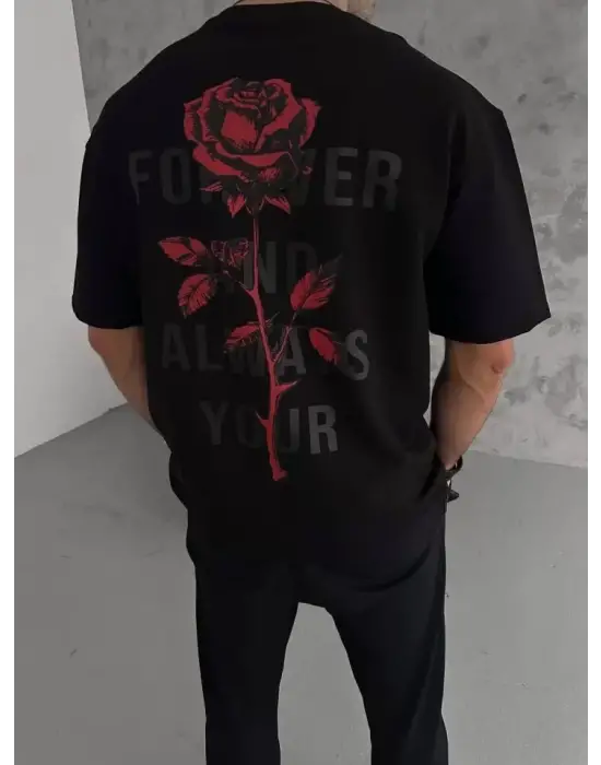 Unisex Bisiklet Yaka Baskılı Oversize T-Shirt - Siyah