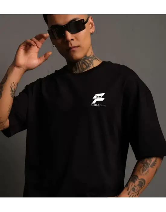 Unisex Bisiklet Yaka Baskılı Oversize T-Shirt - Siyah