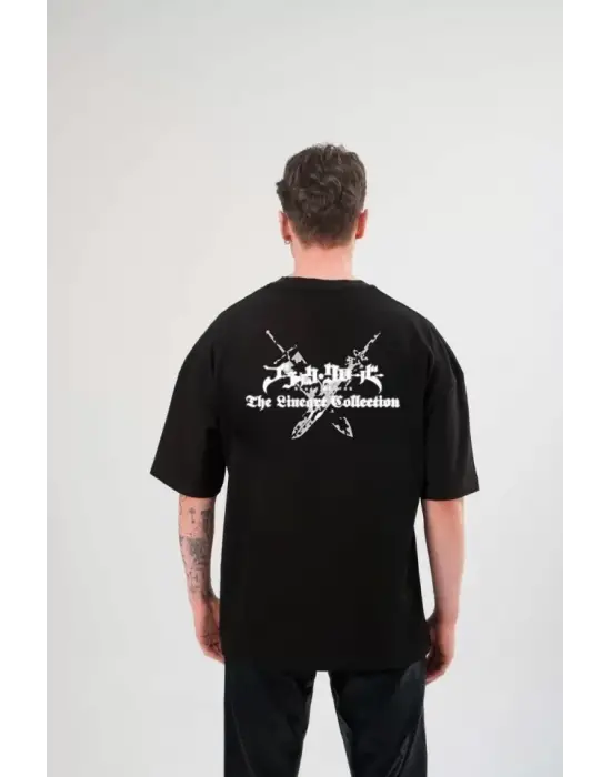 Unisex Bisiklet Yaka Baskılı Oversize T-Shirt - Siyah