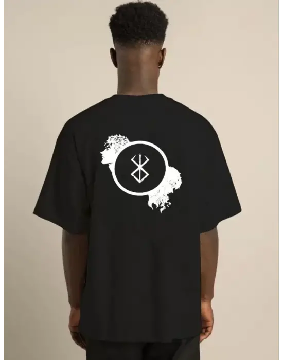 Unisex Bisiklet Yaka Baskılı Oversize T-Shirt - Siyah