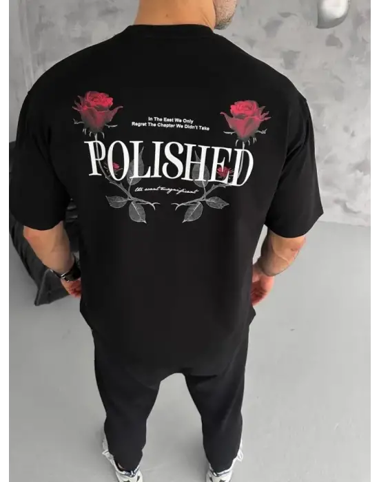 Unisex Bisiklet Yaka Baskılı Oversize T-Shirt - Siyah