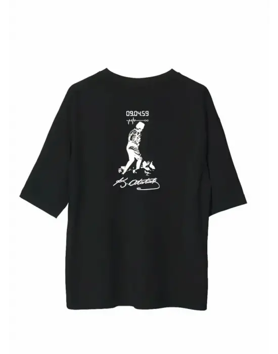 Unisex Bisiklet Yaka Baskılı Oversize T-Shirt - Siyah
