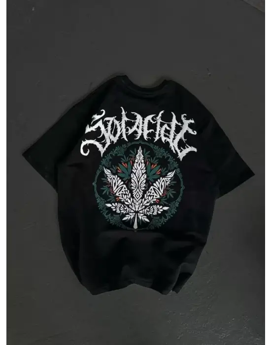 Unisex Bisiklet Yaka Baskılı Oversize T-Shirt - Siyah