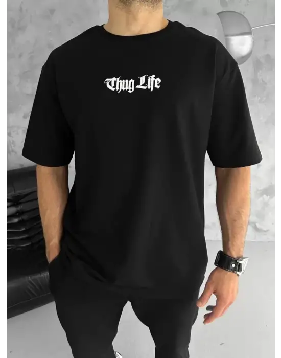 Unisex Bisiklet Yaka Baskılı Oversize T-Shirt - Siyah