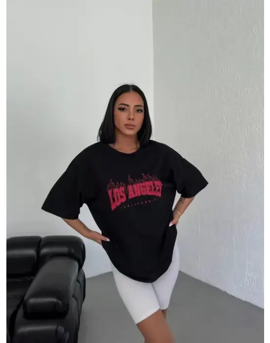 Unisex Bisiklet Yaka Baskılı Oversize T-Shirt - Siyah