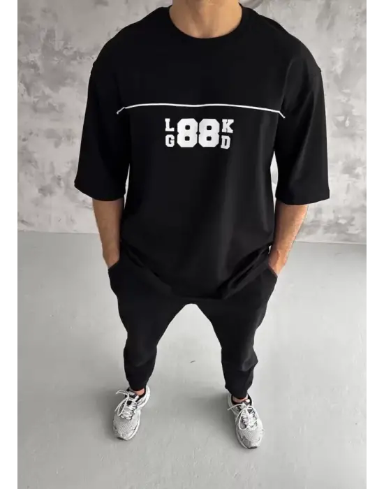 Unisex Bisiklet Yaka Baskılı Oversize T-Shirt - Siyah