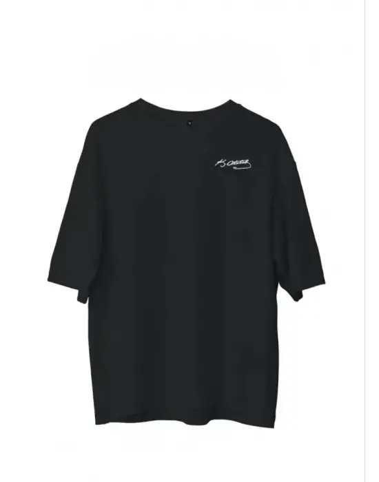 Unisex Bisiklet Yaka Baskılı Oversize T-Shirt - Siyah