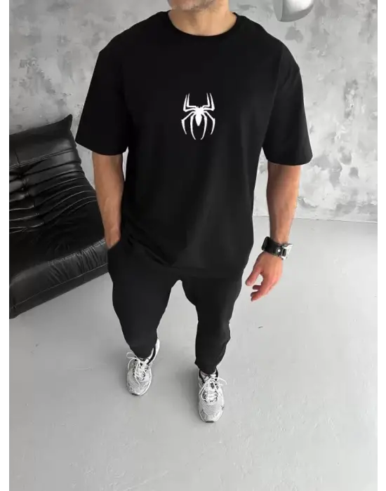 Unisex Bisiklet Yaka Baskılı Oversize T-Shirt - Siyah
