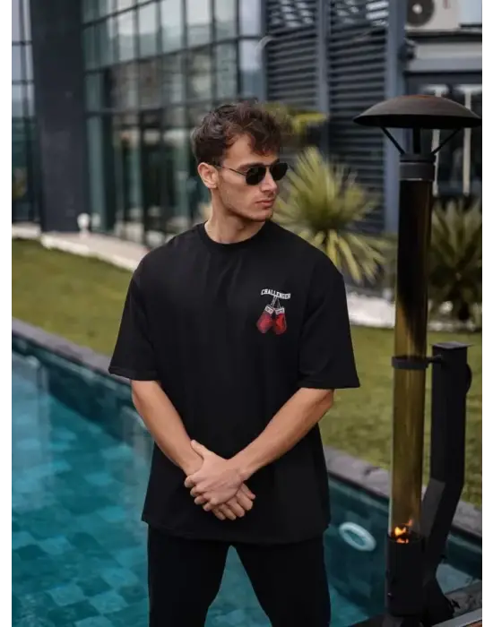 Unisex Bisiklet Yaka Baskılı Oversize T-Shirt - Siyah