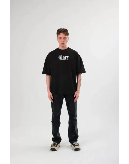 Unisex Bisiklet Yaka Baskılı Oversize T-Shirt - Siyah