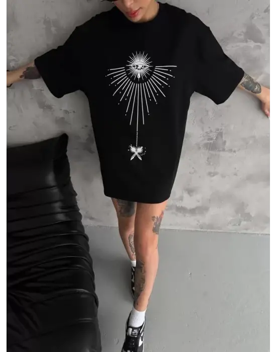 Unisex Bisiklet Yaka Baskılı Oversize T-Shirt - Siyah