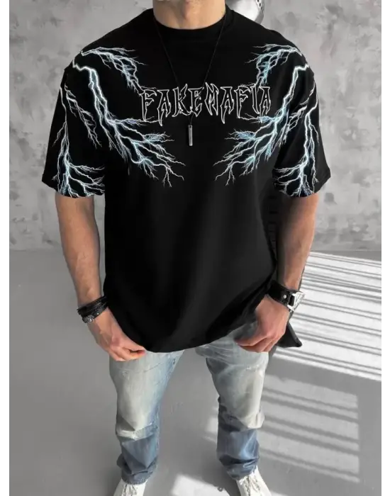 Unisex Bisiklet Yaka Baskılı Oversize T-Shirt - Siyah