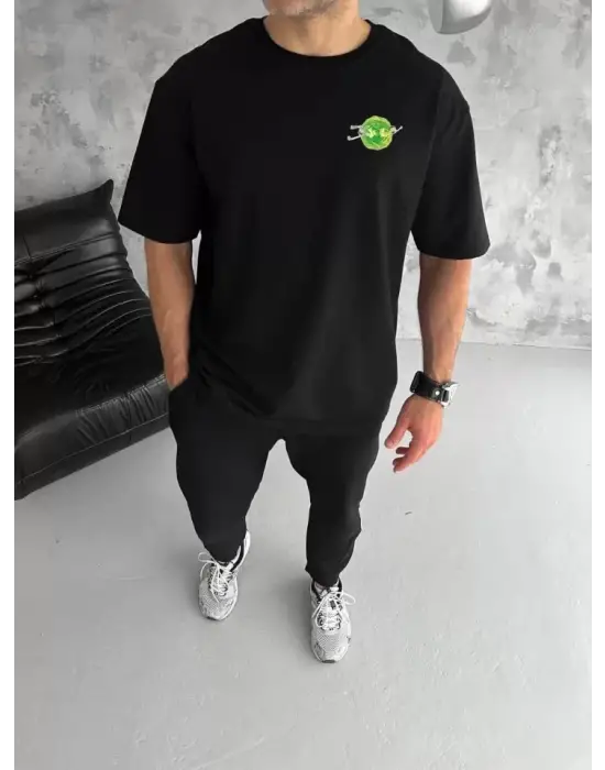 Unisex Bisiklet Yaka Baskılı Oversize T-Shirt - Siyah