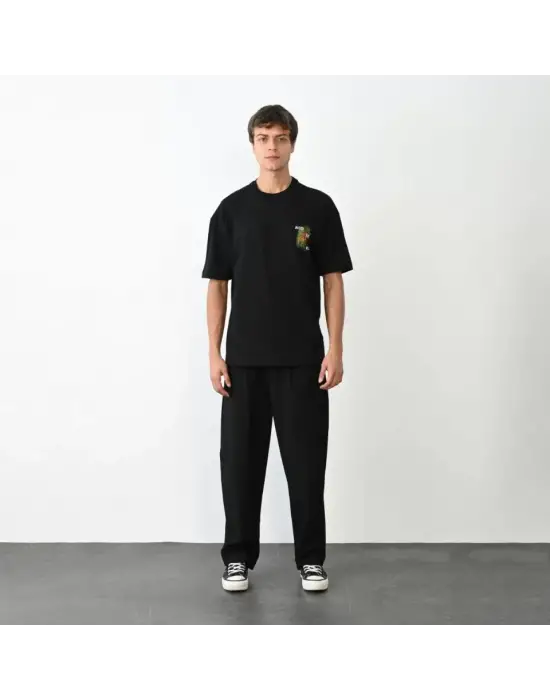 Unisex Bisiklet Yaka Baskılı Oversize T-Shirt - Siyah