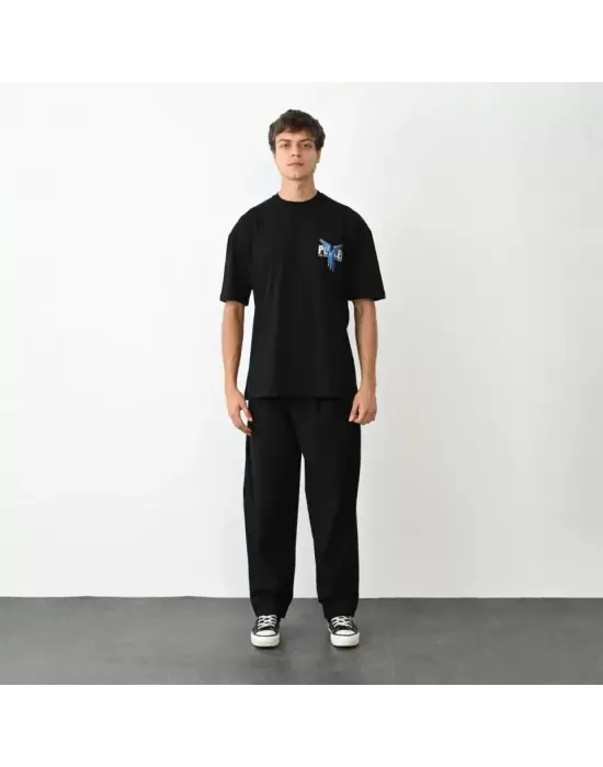 Unisex Bisiklet Yaka Baskılı Oversize T-Shirt - Siyah