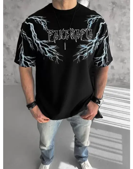 Unisex Bisiklet Yaka Baskılı Oversize T-Shirt-Siyah