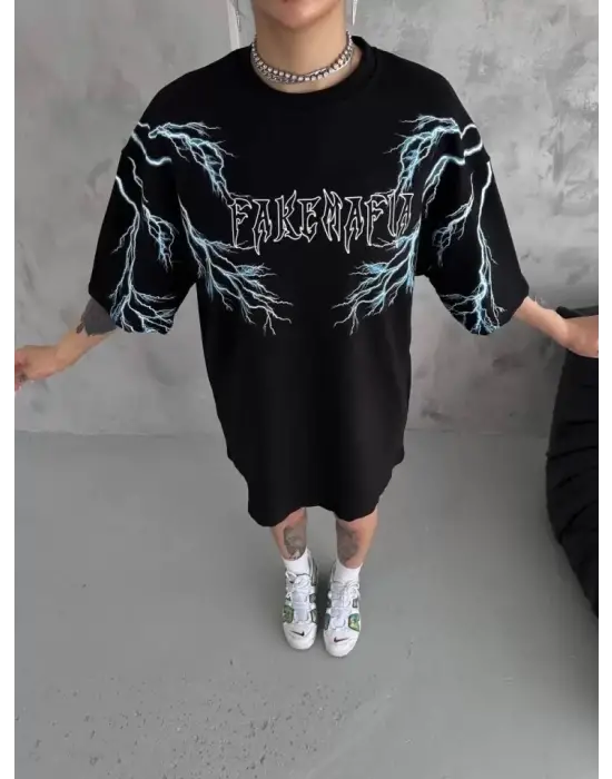 Unisex Bisiklet Yaka Baskılı Oversize T-Shirt - Siyah
