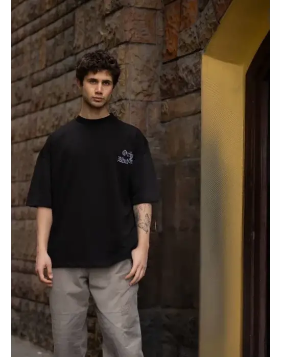 Unisex Bisiklet Yaka Baskılı Oversize T-Shirt - Siyah