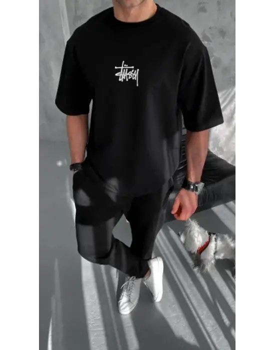 Unisex Bisiklet Yaka Baskılı Oversize T-Shirt - Siyah